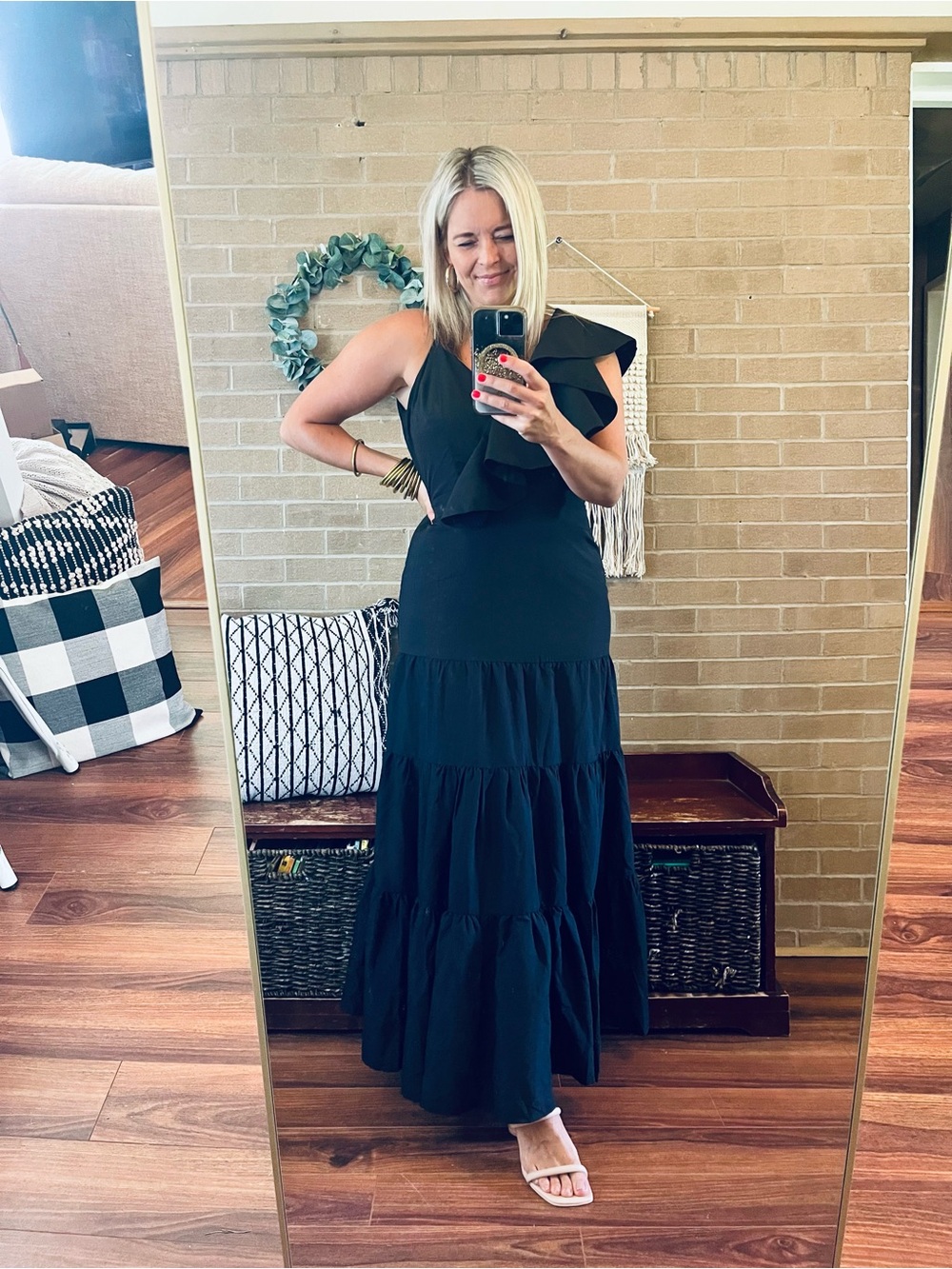 Boston Proper Black One-Shoulder Ruffle Tiered Maxi